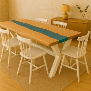 Atelier Clair de Bois | Table à manger artisanale Racine en hêtre massif avec résine rivière bleue et pieds en X blancs, vue d’ensemble dans un intérieur bois-pierre lumineux.