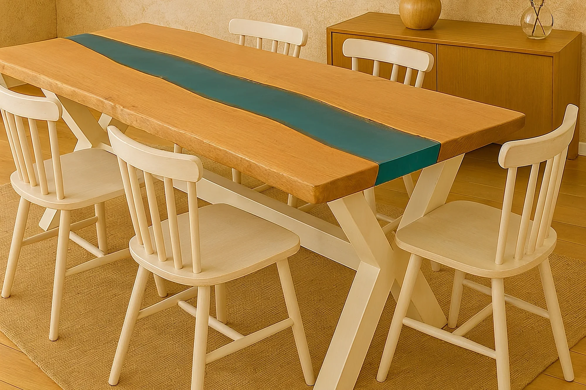 Table Atelier Clair de Bois en hêtre massif avec fine rivière translucide, bords travaillés Signature Racine et pieds en bois massif forme X blancs, décor artisanal bois-pierre.