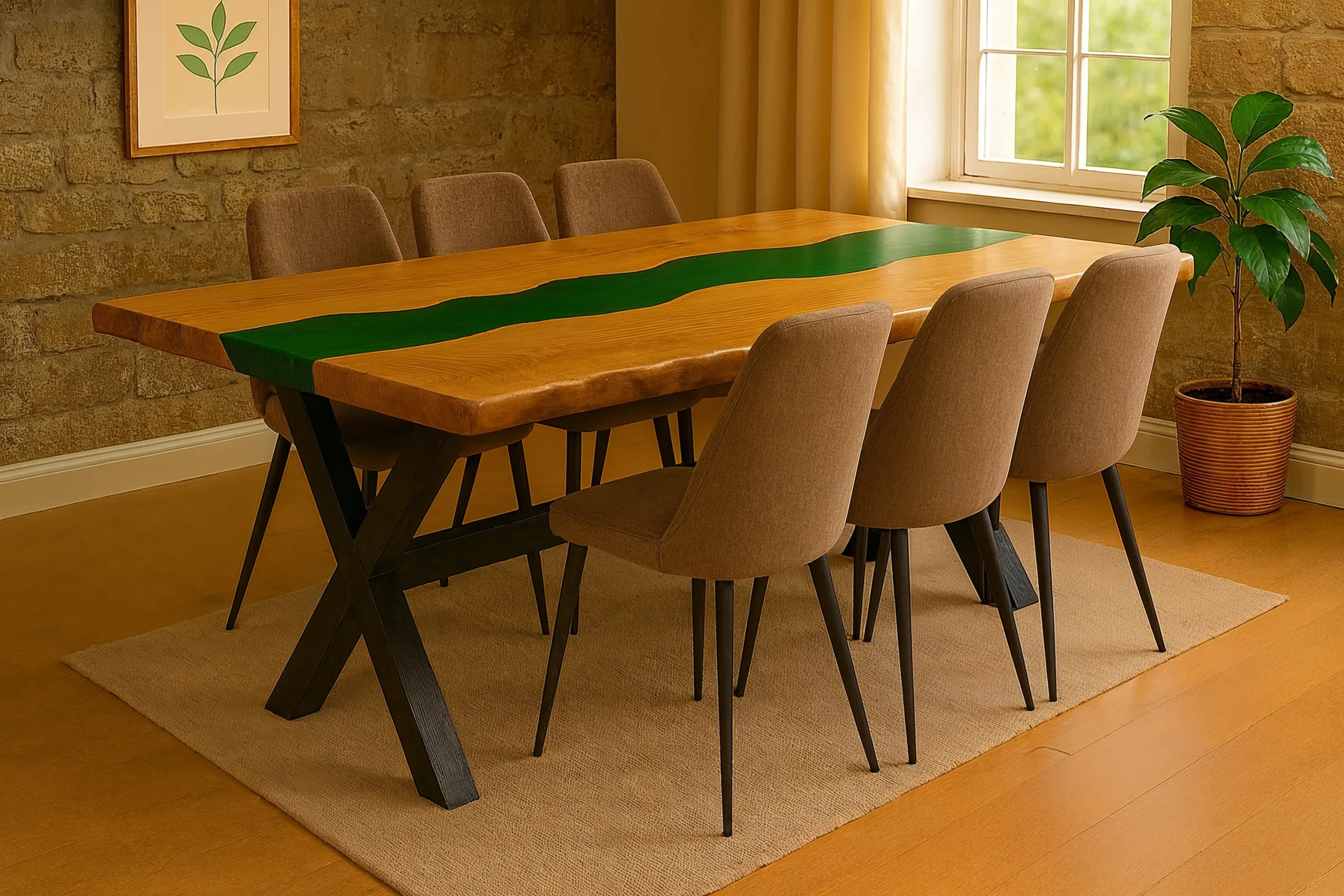 Table Essence Terre en frêne massif, bords Signature Racine et pieds en bois massif forme X noirs, décor artisanal bois-pierre.