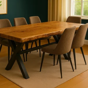 Essence – Terre | Table à manger Essence – Terre en frêne massif, pieds X noirs, finition satinée naturelle dans un décor chaleureux bois et vert.