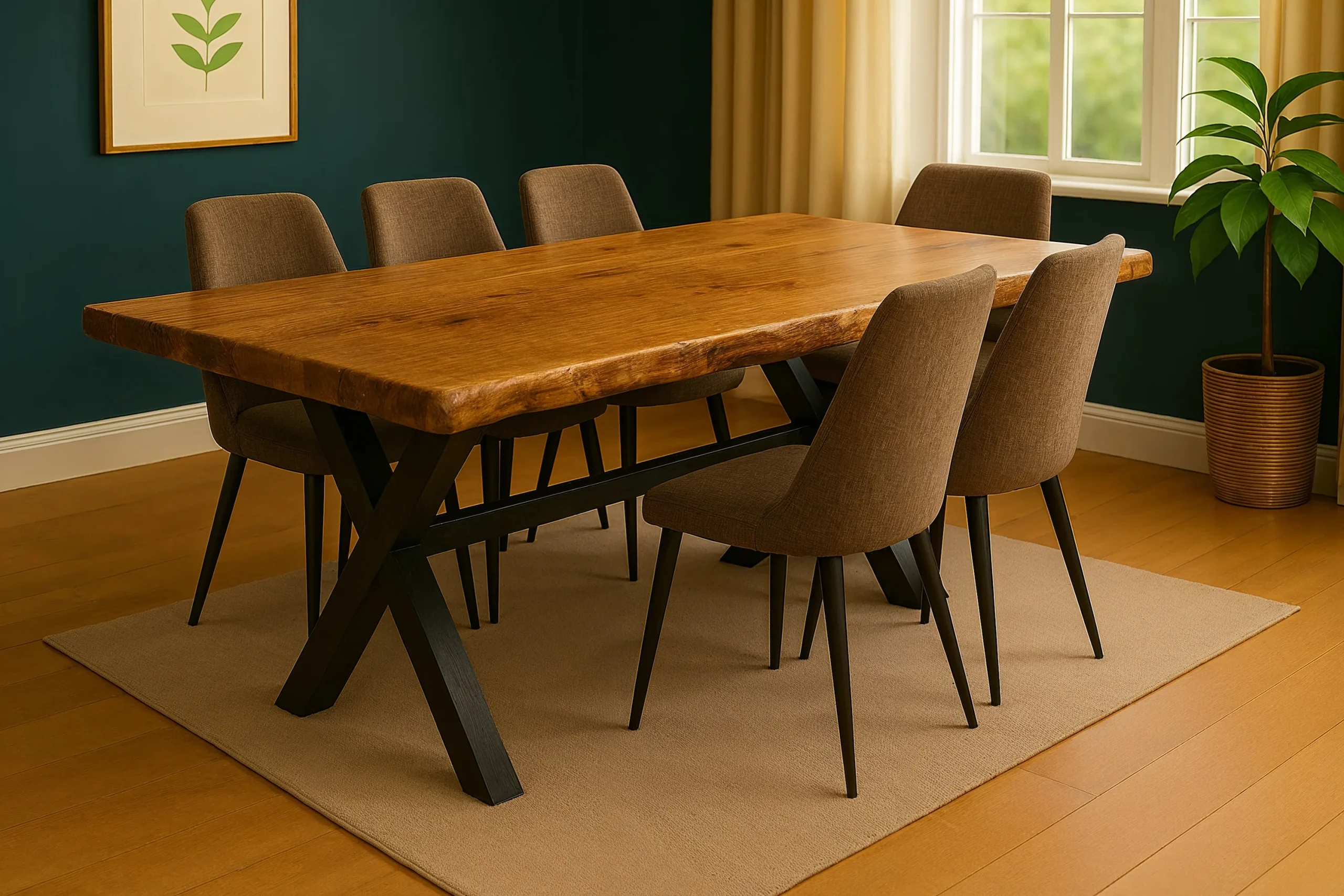 Table Essence Terre en frêne massif, bords Signature Racine et pieds en bois massif forme X noirs, décor artisanal bois-pierre.