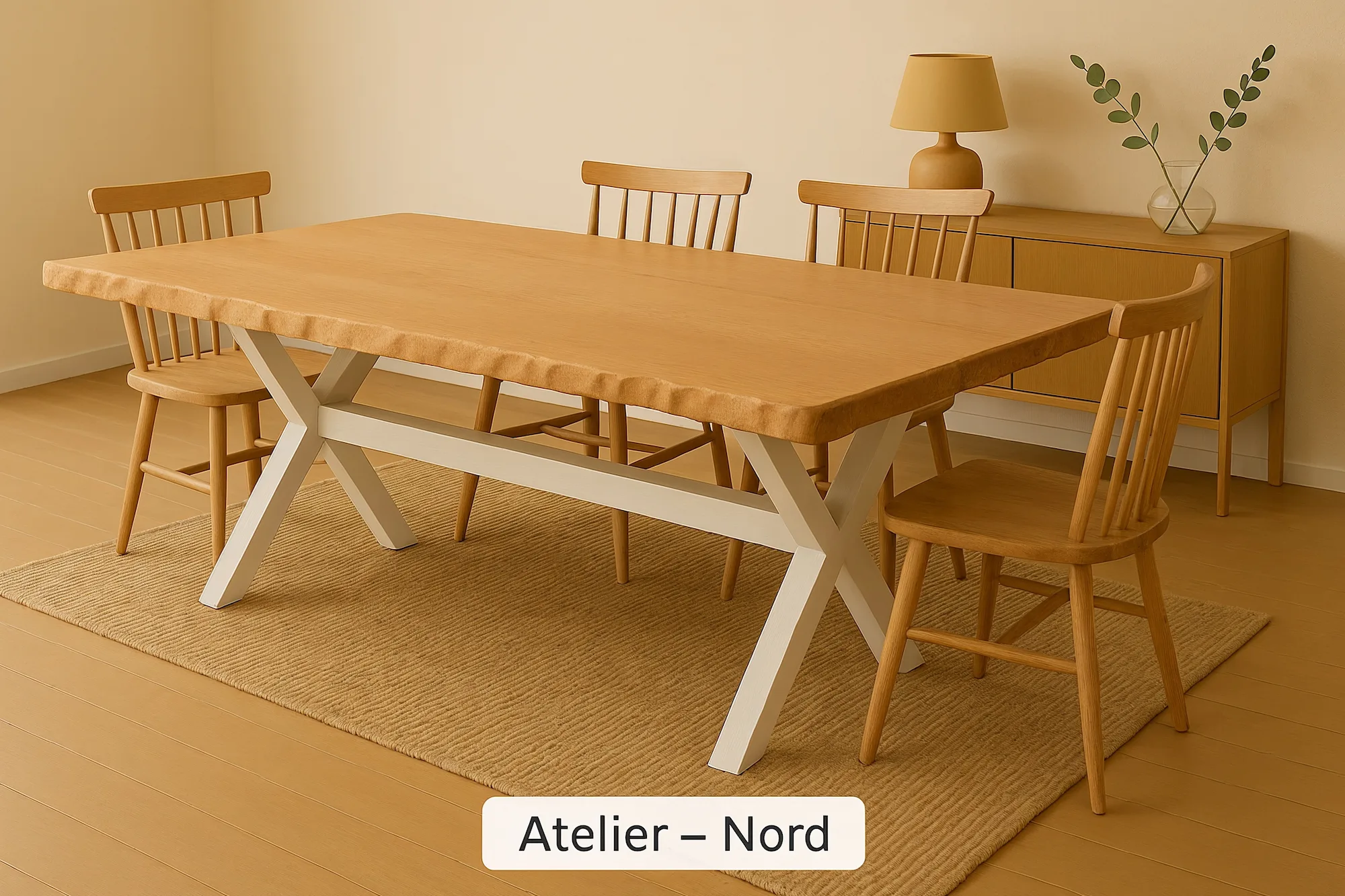 Table Atelier Nord en hêtre massif, bords travaillés Signature Racine, pieds en bois massif forme X blancs, décor artisanal bois-pierre.