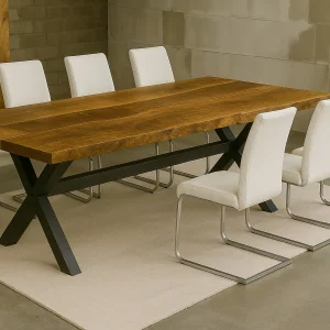 Table Racine Élément en chêne massif avec pieds X noirs et rivière de résine, fabrication artisanale française.
