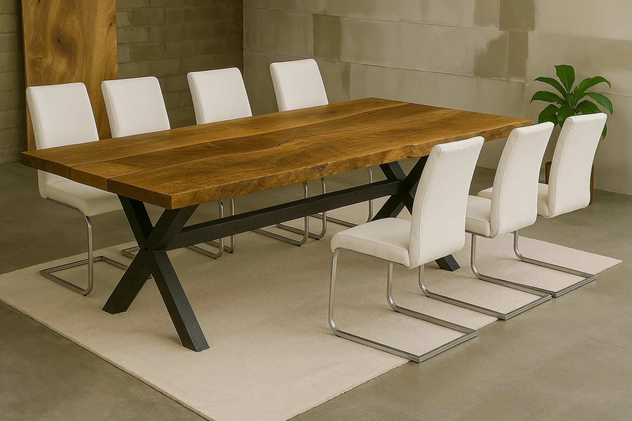 Table Racine Élément en chêne massif avec résine Lumière Doré Antique, bords Signature Racine et pieds en bois massif forme X noirs, pièce d’exception artisanale haut de gamme.