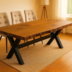 Table Racine – Héritage en chêne massif, pieds en X noirs, design artisanal haut de gamme fabriqué en France.