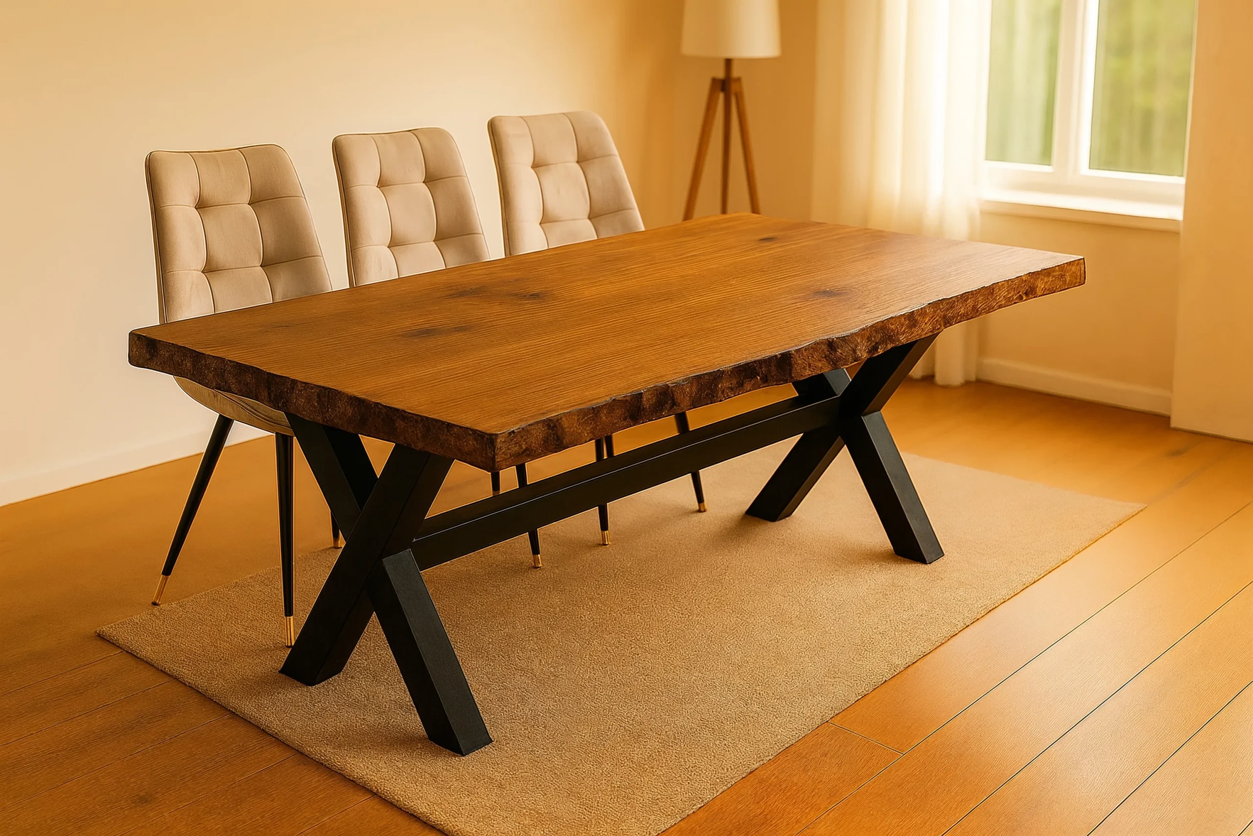 Table Racine Héritage en chêne massif, bords Signature Racine et pieds en bois massif forme X noirs, finition artisanale haut de gamme, décor contemporain.